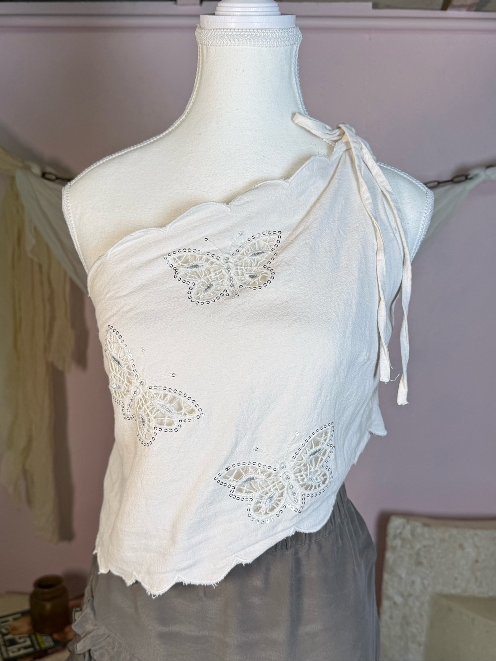 White Butterfly One Shoulder Fairycore Top Size L